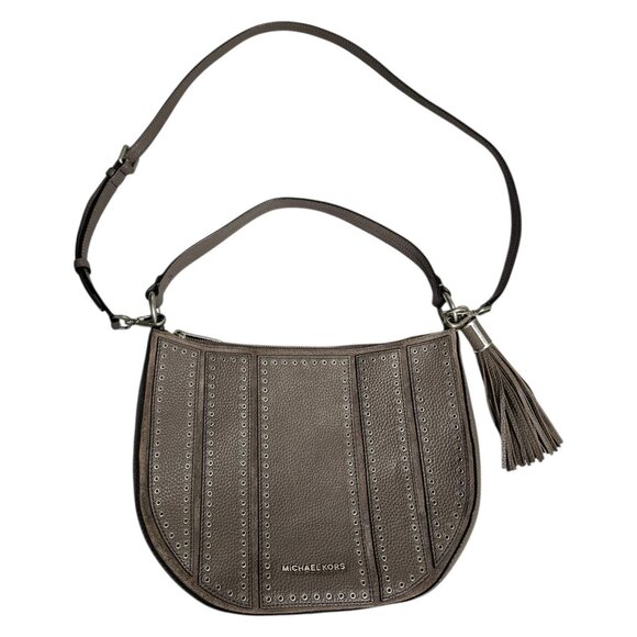 Michael Kors Brooklyn Grommet Leather Taupe Hobo Convertible Bag Crossbody - Picture 1 of 13
